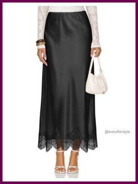 Satin Lace Trim Maxi Skirt High Waisted A-Line Flowy Long Skirt